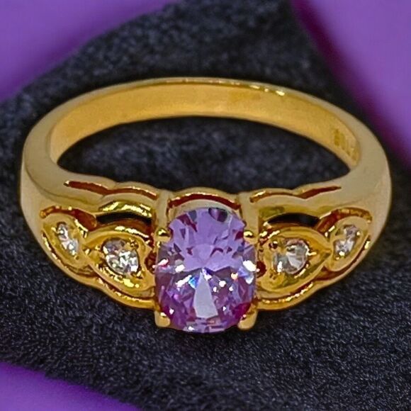 Vintage Ring Size 5 Purple Cubic Zirconia Accents 14K Gold Plate Mid-Century 14J - Picture 4 of 10